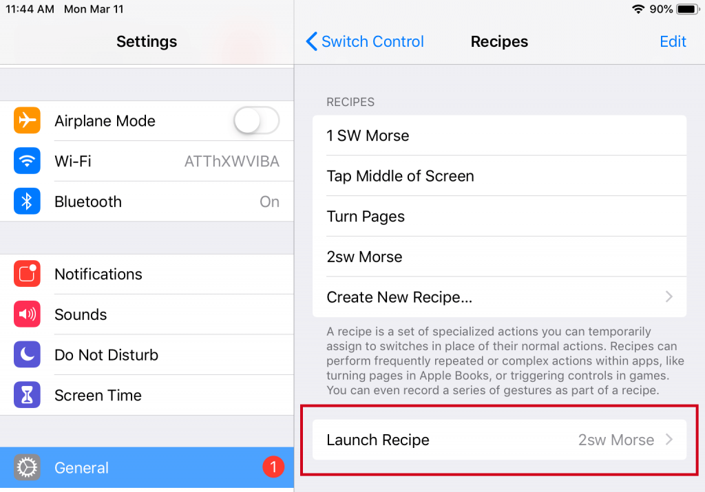 A screenshot from iOS Switch Control, showing how to set up a Recipe to launch when Switch Control turns on. The Launch Recipe setting is set to our new two switch Morse recipe.