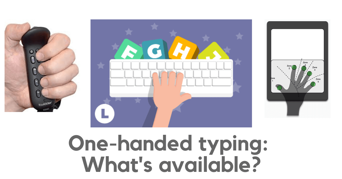 One-handed typing: What's available?  Pictures show 3 example options -- one-hand touch typing, tapping codes on touchscreen, and a chorded keyboard in the palm