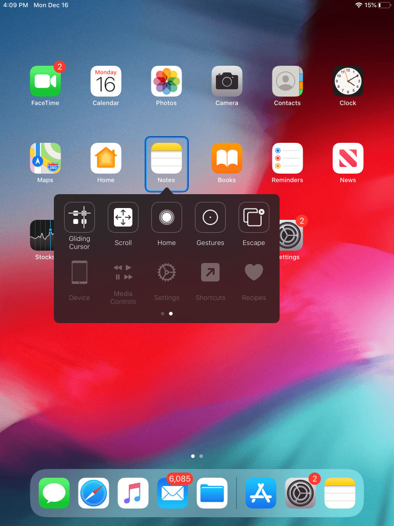 Screenshot of iPad Home screen and the Switch Control Scanner Menu